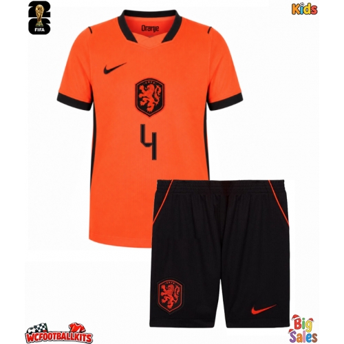 Netherlands Virgil van Dijk #4 Replica Home Stadium Kit for Kids World Cup 2026 Short Sleeve (+ pants)